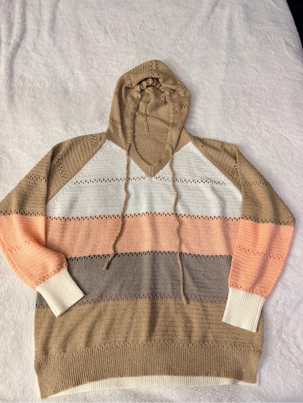 Source Unknown Striped V-Neck Hooded Sweater in Taupe, Peach & Cream